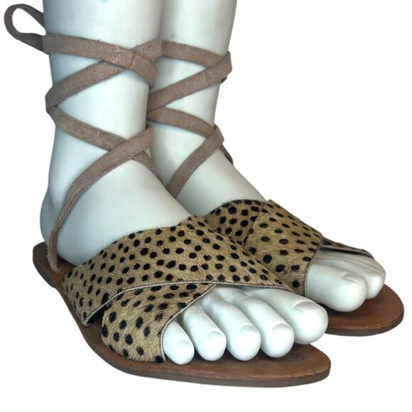 REVOLVE URGE Cheetah Print Ankle Wrap Pony Hair Flat Sandals 7.5 38 Animal Print - Picture 6 of 12
